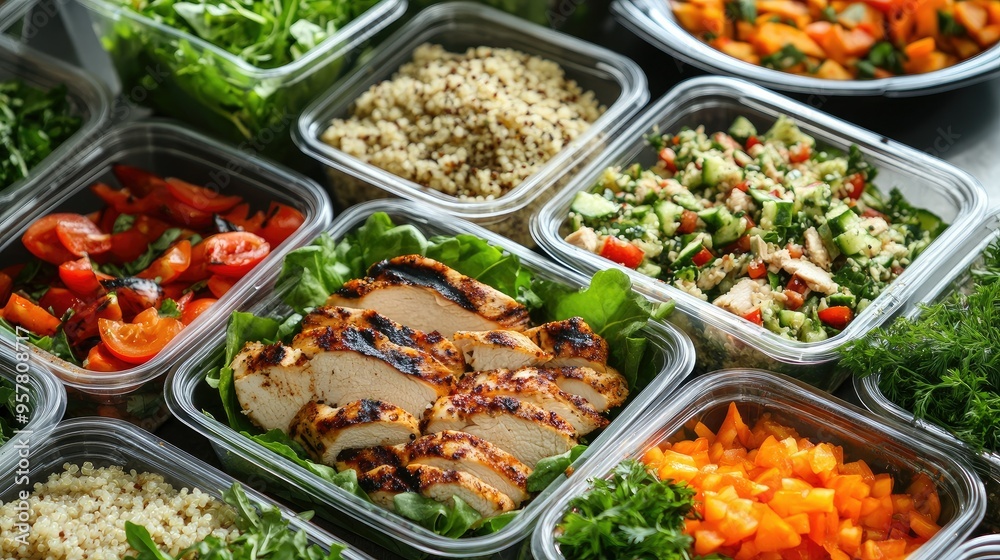 A variety of grilled chicken salad lunch boxes arranged on a table, showing different options like quinoa, mixed greens, and fresh herbs for takeaway orders A variety of grilled chicken salad lunch boxes arranged on a table, showing different options like quinoa, mixed greens, and fresh herbs for takeaway orders