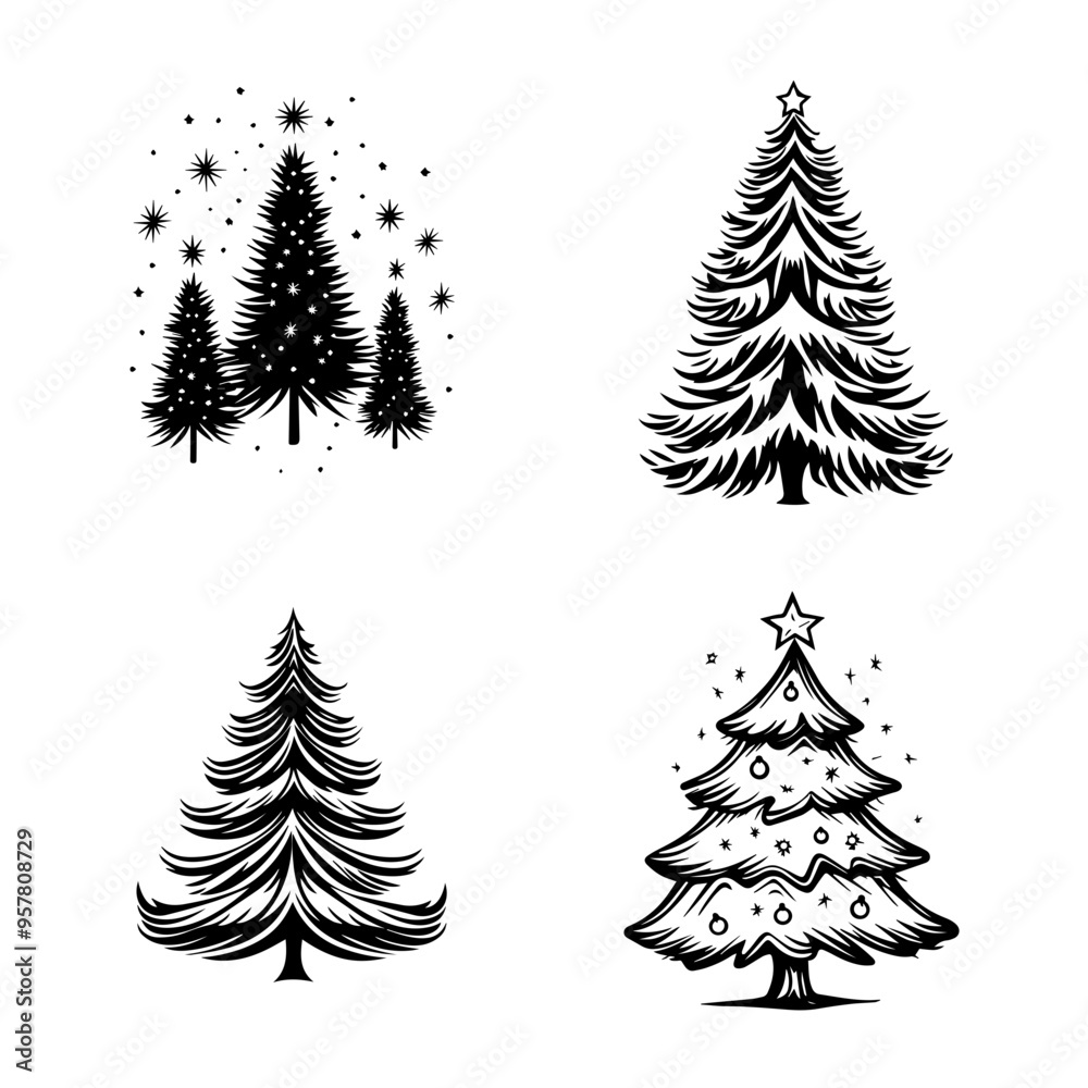 Obraz premium Hand-Drawn Christmas Tree Illustrations Four Unique Designs for Holiday Projects