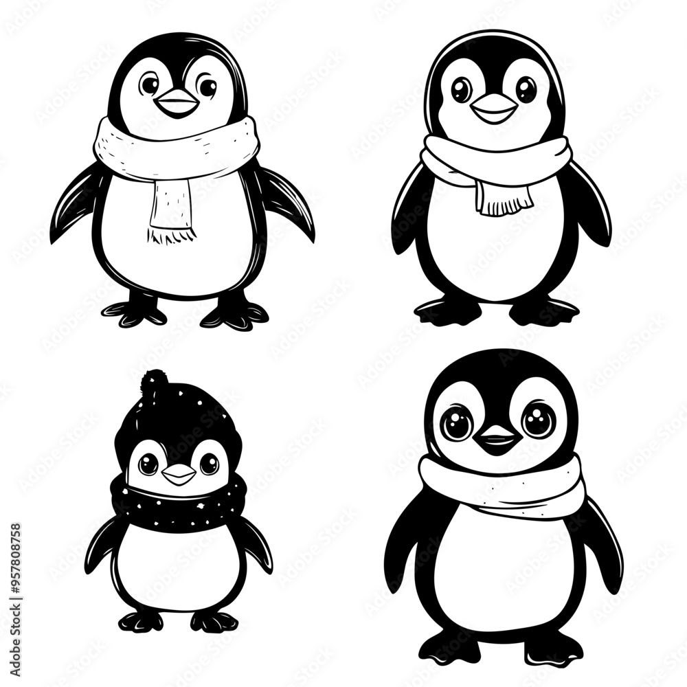 Fototapeta premium Adorable Penguins in Winter Outfits Cute Illustrations for Holiday Designs