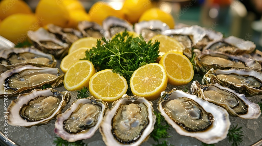 A variety of large oysters on ice, surrounded by fresh lemon halves and garnished with herbs, ideal for a seafood buffet or market display. A variety of large oysters on ice, surrounded by fresh lemon halves and garnished with herbs, ideal for a seafood buffet or market display.