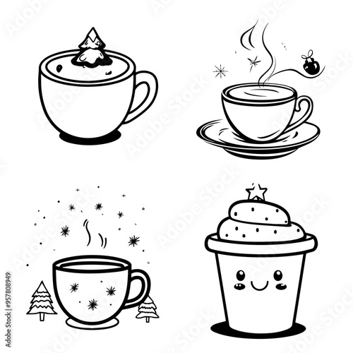 Cozy Winter Drinks Christmas Hot Chocolate and Coffee Illustrations