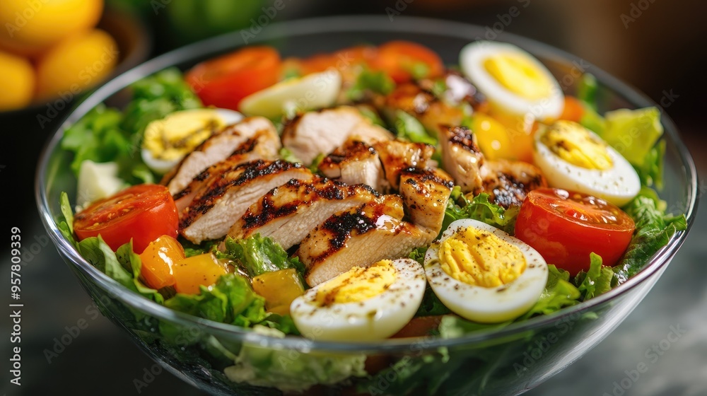 A vibrant Caesar salad served in a clear bowl, filled with fresh greens, juicy tomato slices, halved boiled eggs, and chunks of grilled chicken, with a tangy dressing A vibrant Caesar salad served in a clear bowl, filled with fresh greens, juicy tomato slices, halved boiled eggs, and chunks of grilled chicken, with a tangy dressing