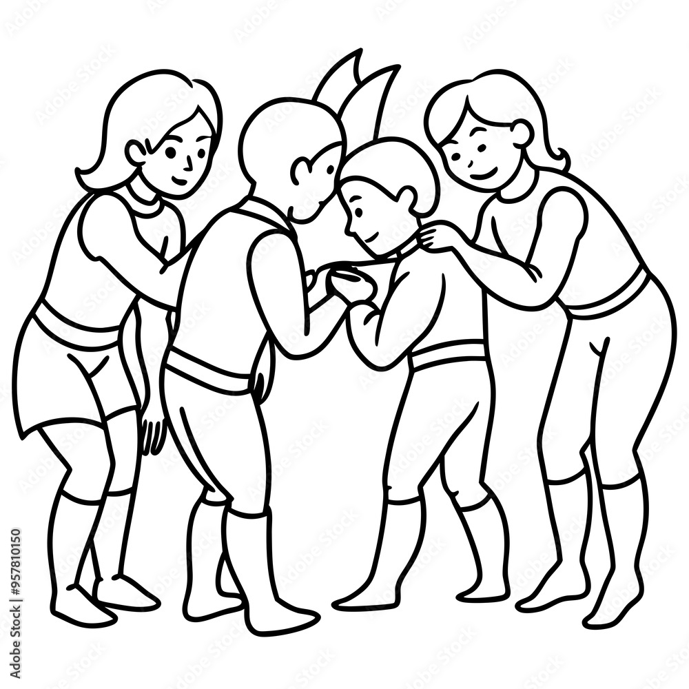 Superhero kids in a team huddle before action