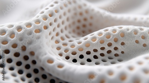 Breathable Texture: Close-up of white perforated fabric with a wavy texture, highlighting its breathability and modern design.  photo