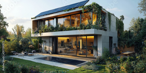 A modern, sustainable home with solar panels on the roof and a lush green garden.