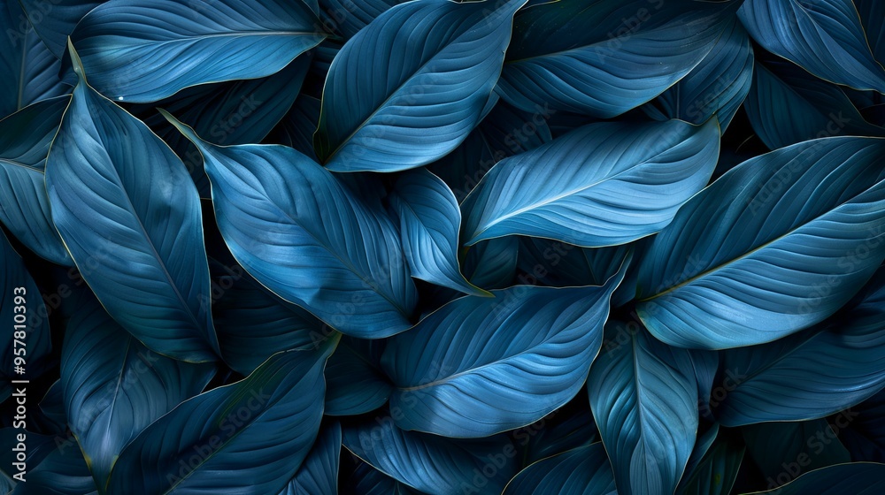 Close-up of Deep Blue Tropical Plant Leaves with Veins Close-up of Deep Blue Tropical Plant Leaves with Veins