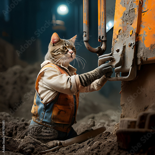 cinematic cat working construction wallpaper background