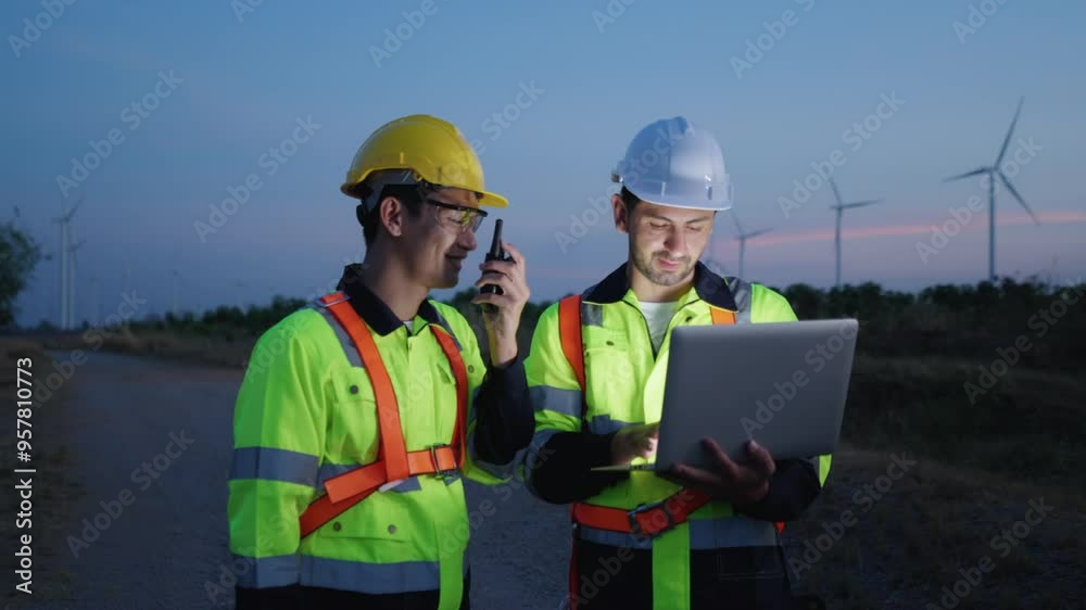 Diverse ethnicity male technicians working in the wind turbines field. Diverse ethnicity male technicians working in the wind turbines field.