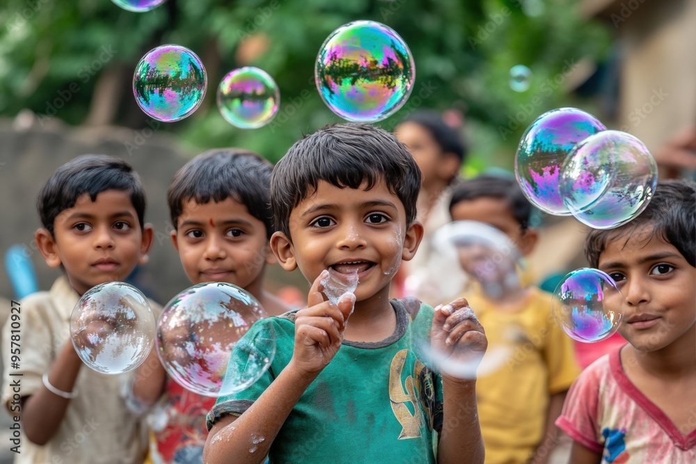 Group of children playing with soap bubbles outdoor Group of children playing with soap bubbles outdoor