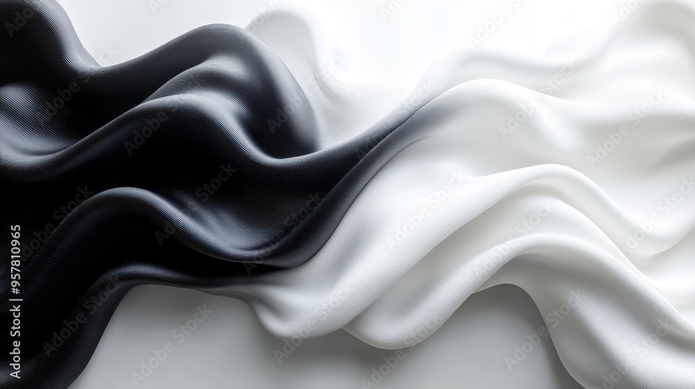 Obraz premium 3D render of abstract black and white background with tangled striped tubes, ropes, or lines.