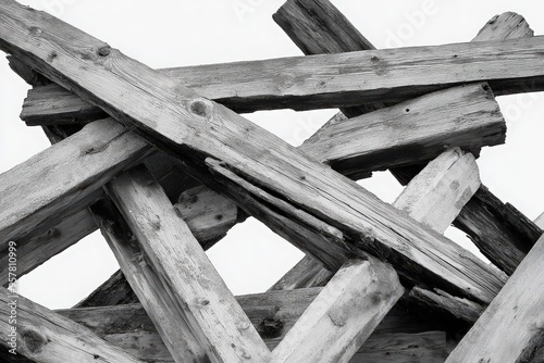 Abstract pattern of weathered wood planks intersecting in a dynamic composition, emphasizing texture and structure in monochrome.