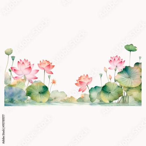 Watercolor lotus flowers pond