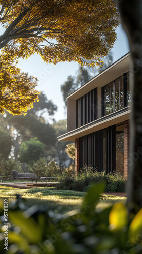 Wallpaper Mural A house with a large window and a tree in the background. The house is surrounded by a lush green lawn Torontodigital.ca