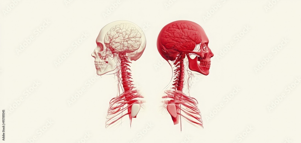 Detailed anatomical illustration showcasing the human skull and brain ...
