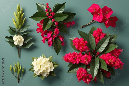 Aerial Perspective of Bombax Cebia Bougainvillea and Brunfelsia Americana for Botanical Art and 3D Visualization photo