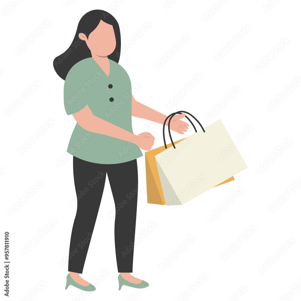 Lady Carrying Shopping Bags Character with Flat Face Design Concept. Vector Illustration Lady Carrying Shopping Bags Character with Flat Face Design Concept. Vector Illustration