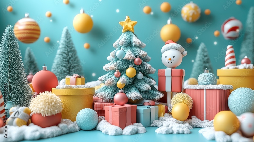 3D render of a colorful abstract Christmas clip art featuring a fir tree, gift boxes, funny cartoon toys, seasonal ornaments, and surreal objects with mannequin legs. 3D render of a colorful abstract Christmas clip art featuring a fir tree, gift boxes, funny cartoon toys, seasonal ornaments, and surreal objects with mannequin legs.