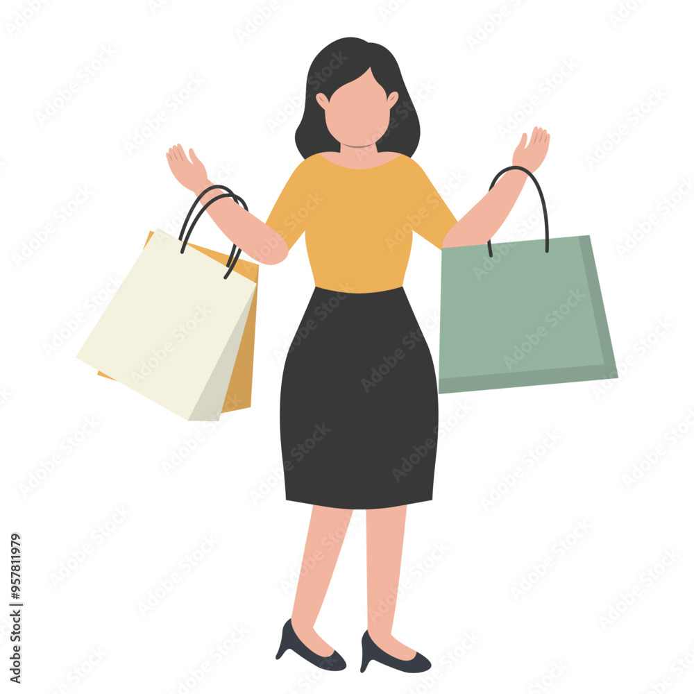 Lady Carrying Shopping Bags Character with Flat Face Design Concept. Vector Illustration Lady Carrying Shopping Bags Character with Flat Face Design Concept. Vector Illustration