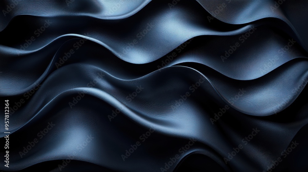 Fototapeta premium 3D abstract fashion background with a black wavy ribbon in a dark room folded scroll.