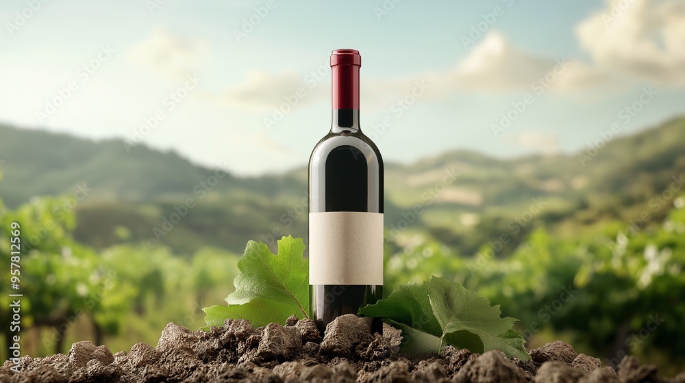 Vineyard Elegance: A single bottle of red wine stands proudly amidst the lush rows of a sun-kissed vineyard, its blank label ready for your brand. Vineyard Elegance: A single bottle of red wine stands proudly amidst the lush rows of a sun-kissed vineyard, its blank label ready for your brand.