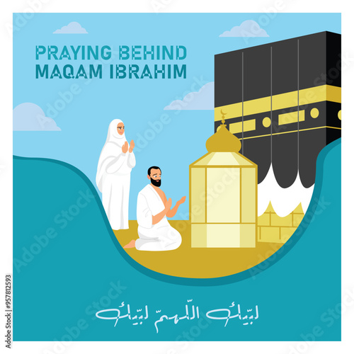 Maqam Ibrahim is the stone where the prophet Ibrahim stood when building the Kaaba. Hajj pilgrims pray in front of the maqam of Ibrahim. Islamic Hajj concept. Flat vector illustration. photo