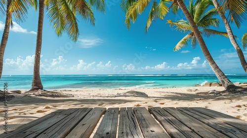 Wooden Plank Pathway Leading to Tropical Beach with Palm Trees