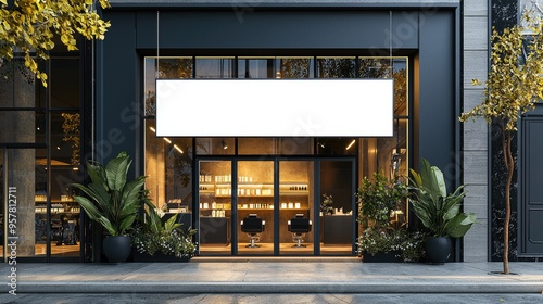 Modern Hair Salon Exterior with Blank Signboard and Stylish Interior Design