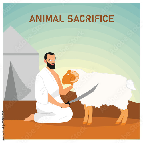 Hajj pilgrims slaughter sacrificial animals. This worship is carried out as a sign of the end of the Hajj pilgrimage series. Islamic Hajj concept. Flat vector illustration.