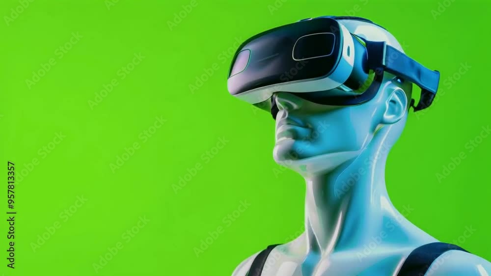Male dummy wearing VR glasses placed on bright green background. Male dummy wearing VR glasses placed on bright green background.