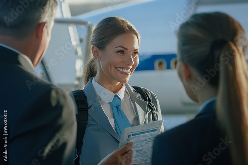 A female airline attendant greeting passengers as they board the plane. She’s smiling and checking tickets at the entrance