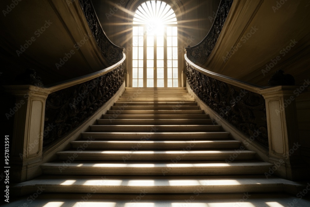 Obraz premium A grand staircase bathed in sunlight, leading to an elegant window, showcasing classic architecture and serene ambiance.