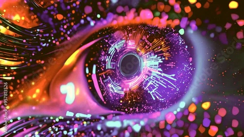 Zoom in on the eyes of a colorful open-eyed robot. Future Data Streaming Technology in Cyberspace Concept. Online Ai Smart Connect Learning