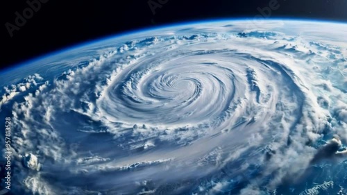 3D rendering of a satellite view of Hurricane moving over Earth. Satellite view of cyclone from space