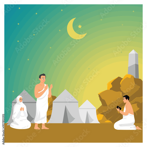 Hajj pilgrims perform wukuf. Hajj pilgrims pray or remain silent in Arafat. Islamic Hajj concept. Flat vector illustration.