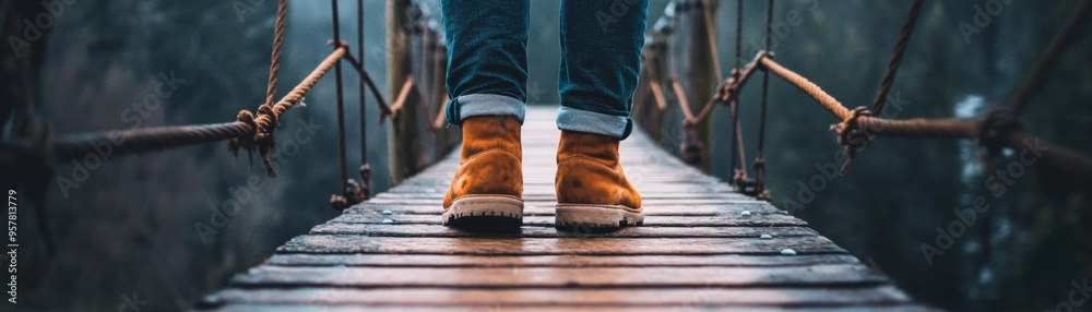 Embracing Change: Person Stepping onto Bridge Symbolizing New Adventure and Fresh Start Embracing Change: Person Stepping onto Bridge Symbolizing New Adventure and Fresh Start