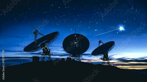 Amazing night sky view with satellite dish on top of mountain at night. Discovery, science and technology.