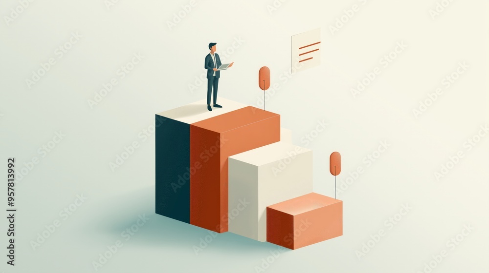 A businessman standing on colorful blocks, representing strategy, growth, and progress in a conceptual environment. A businessman standing on colorful blocks, representing strategy, growth, and progress in a conceptual environment.