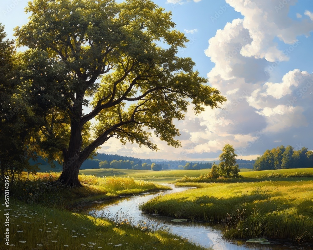 A serene natural landscape featuring a tree, meadow, and flowing stream under a blue sky with fluffy clouds.