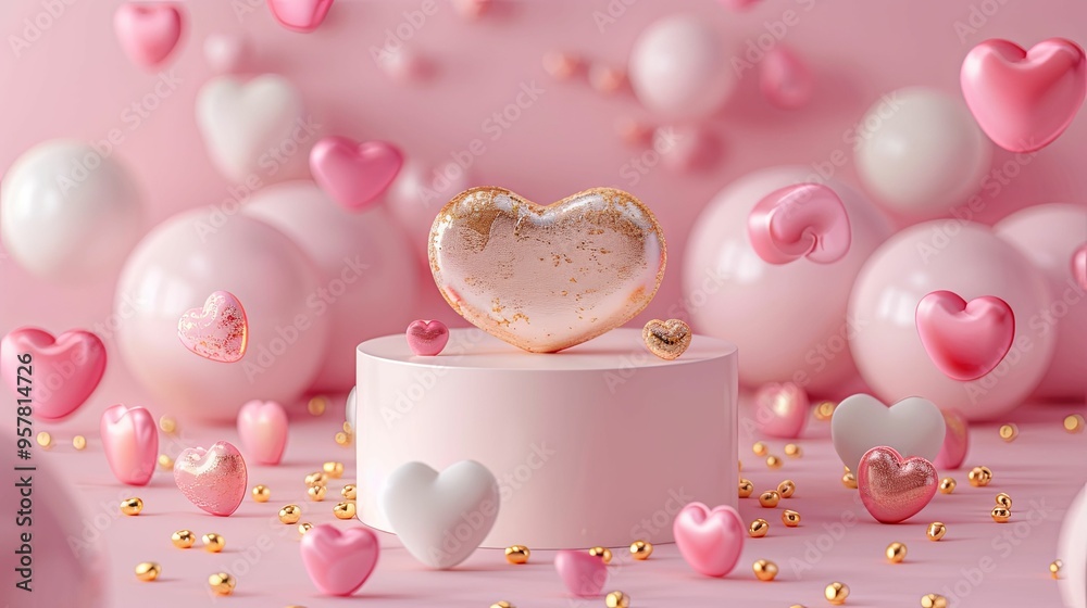 Golden Heart with Pink and White Hearts on Pink Background