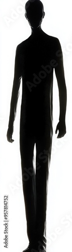 A silhouette of a tall figure standing confidently against a light background, symbolizing mystery and presence.