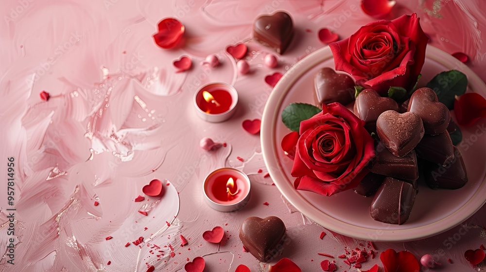 Red Roses, Chocolate Hearts, and Candles on a Pink Background Red Roses, Chocolate Hearts, and Candles on a Pink Background