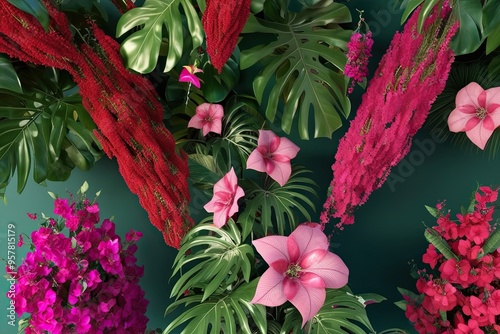 Stunning 3D Visualization of Bombax Cebia and Bougainvillea Flowers in Lush Tropical Arrangements photo