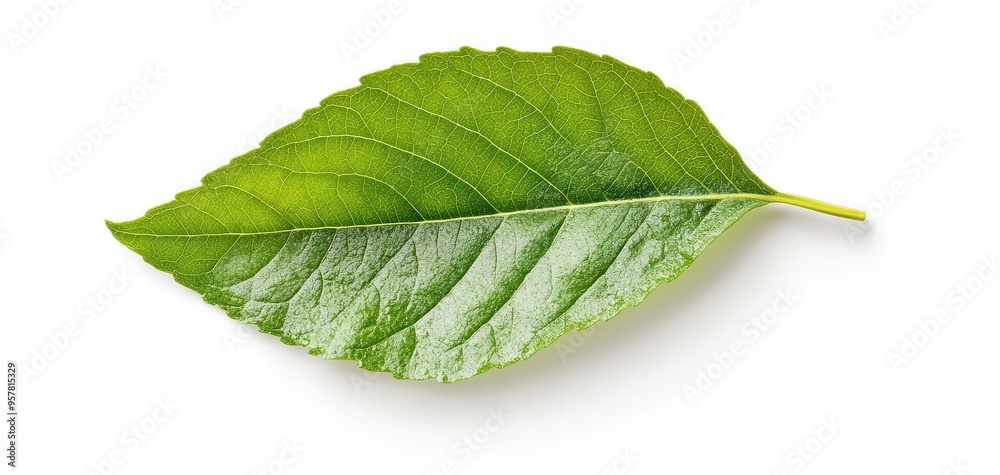 Fototapeta premium A vibrant green leaf showcasing intricate veins and a smooth surface, perfect for nature-themed design and eco-friendly projects.