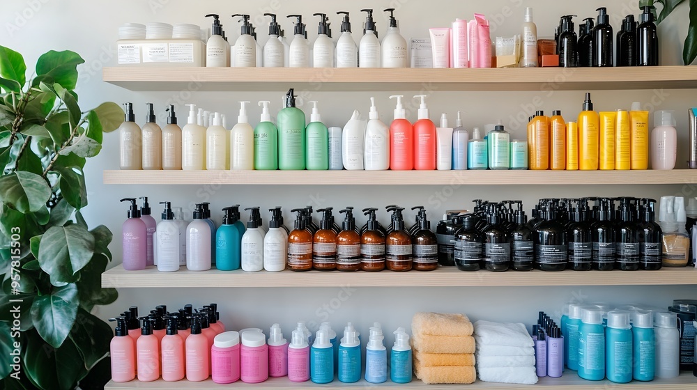 Neatly Organized Shelf with Premium Pet Grooming Supplies in Bright Salon Neatly Organized Shelf with Premium Pet Grooming Supplies in Bright Salon