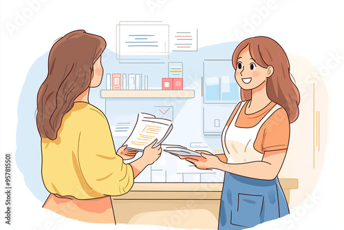 Two Women Handing Papers