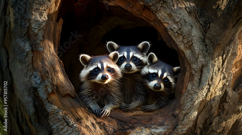 family of raccoons huddled together in a tree hollow, looking out cautiously photo