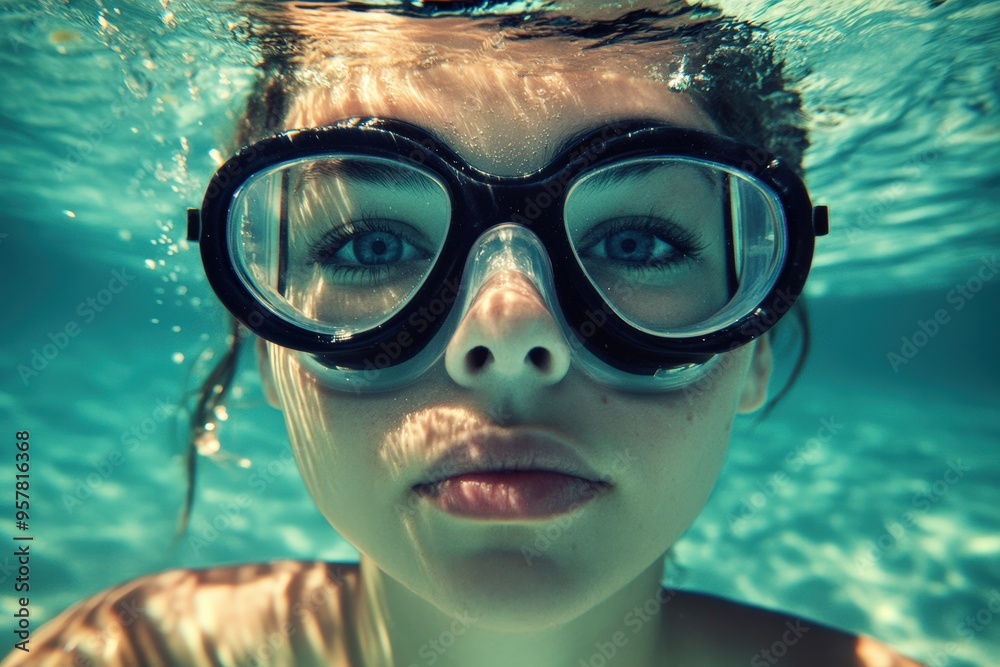Naklejka premium Female swimmer at the swimming pool.Underwater photo.