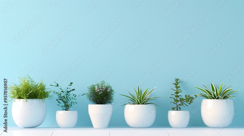 07240954 113. Simple yet stylish white pots with thriving plants, placed on a pastel sky blue background, leaving clear space at the bottom for text, perfect for minimalistic design 07240954 113. Simple yet stylish white pots with thriving plants, placed on a pastel sky blue background, leaving clear space at the bottom for text, perfect for minimalistic design