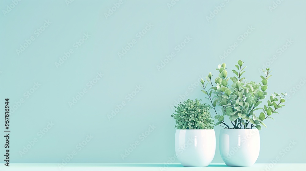07240954 114. Minimalist arrangement of white pots with healthy green plants against a serene pastel sky blue background, offering a generous area at the bottom for text