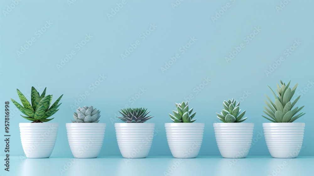 Fototapeta premium 07240954 115. Chic white pots with attractive plants, positioned against a pastel sky blue background, ensuring a clear, open space at the bottom for text placement